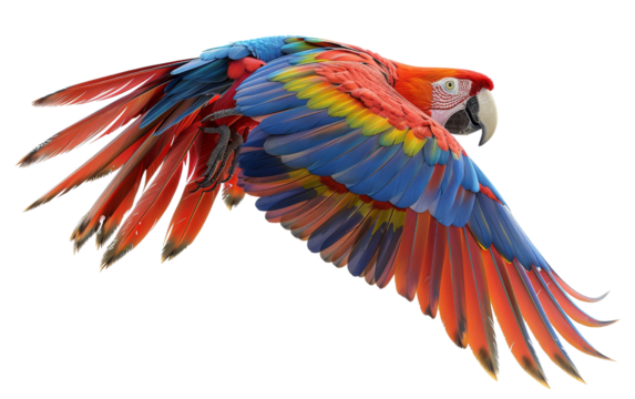 A vibrant, colorful parrot soaring gracefully in mid-flight, showcasing its stunning plumage in a natural setting.