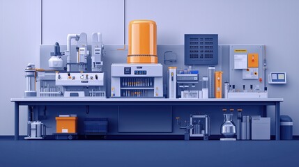 Testing equipment in a flat design, side view, set in a laboratory environment with an animation style, featuring a split-complementary color scheme for enhanced visual impact.