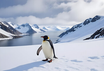 Fototapeta premium The penguins stands in front of a mountain