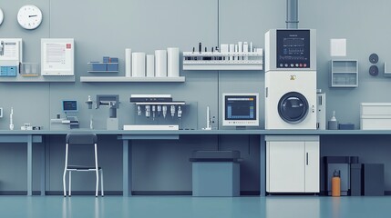 Testing equipment in a flat design, side view, set in a laboratory environment with an animation style, featuring a split-complementary color scheme for enhanced visual impact.