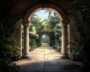 Fototapeta premium A LowAngle Perspective of a Stone Archway Leading into a Lush Tropical Garden Bathed in Sunlight