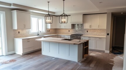 A kitchen island with a wooden countertop and a light wood floor, is surrounded by white cabinets and a stainless steel range.