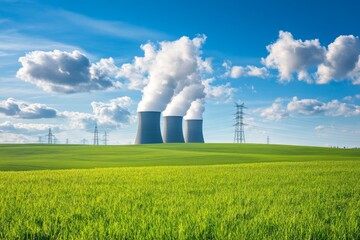 Landscape view of a nuclear power plant releasing steam under a sunny blue sky with green fields in the foreground
