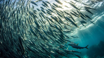 Silver Symphony: A mesmerizing underwater spectacle of a massive sardine bait ball, shimmering silver as sunlight pierces the ocean depths, with a lone predator lurking below.
