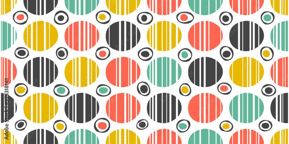 Poster Abstract geometric circles representing a grid. Small circles between large ones, colorful abstract pattern of circles.