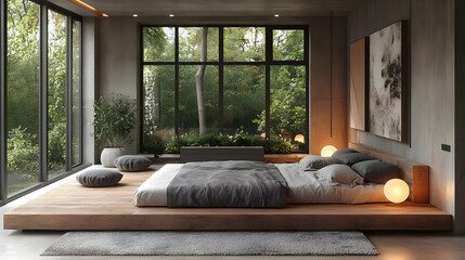 Modern minimalist bedroom with a large bed platform, grey bedding, two bedside lamps, and large windows overlooking a green forest.