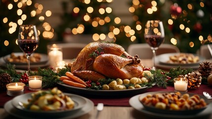 Fototapeta premium A Festive Feast CloseUp of Roasted Turkey with Golden Lights and Candles a Warm and Inviting Christmas Dinner Table Setting