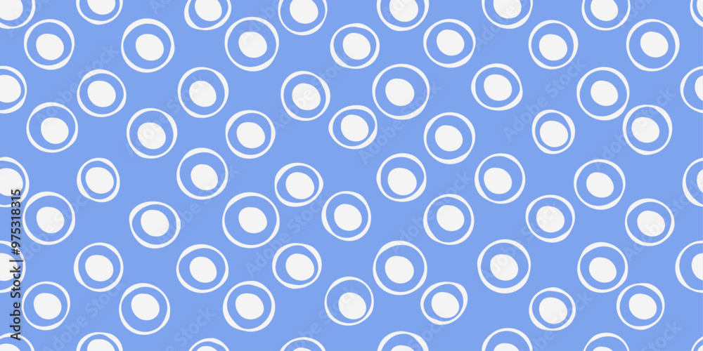 Poster polka dots with rings, polka dots inside. blue background and simple stylish circles.