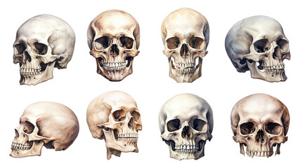 PNG watercolour skull element set, transparent background