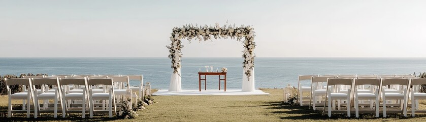 Oceanside Wedding Ceremony A White Floral Arch Frames the Vow Exchange with Rows of White Chairs Facing the Horizon