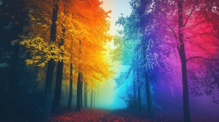 Enchanting Autumn Forest Landscape with a Rainbow Spectrum of Colorful Trees in Neon Lighting. This image depicts a magical forest scene with vibrant autumn foliage, illuminated by unusual neon lights