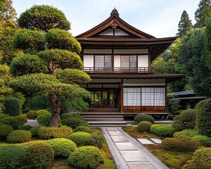 A stone path winds through a meticulously manicured Japanese garden leading to a traditional wooden house with a sweeping roof