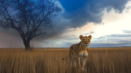 Naklejka premium Lioness Facing the Storm: A powerful lioness stands defiant against a dramatic backdrop of a stormy sky, showcasing resilience, strength, and the beauty of nature's raw power. 
