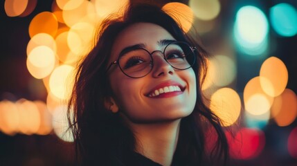 Fototapeta premium Smiling Woman in Glasses Admires Glowing Lights | AR 169:2