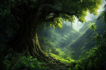 Tropical rainforest with big tree, ai