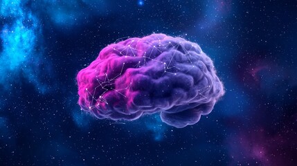 Digital illustration of a glowing brain in space with nebula clouds. Concept of human consciousness, neural networks, and the universe.