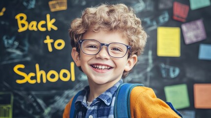 Happy schoolboy with glasses and backpack standing in front of chalkboard with "Back to School" written in yellow chalk.