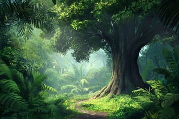 Tropical rainforest with big tree, ai