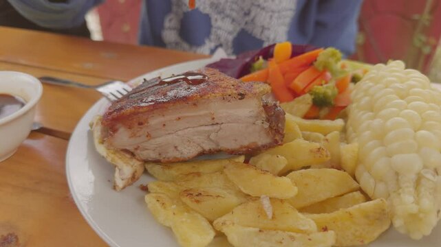 Video 4k de delicioso chancho al cilindro con papas fritas, ensalada y salsa a la BBQ