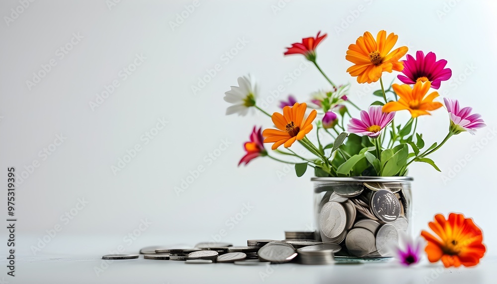 Wall mural Vibrant Flowers Blossoming from Silver Coins, Symbolizing Financial Renewal and Growth Against a Clean White Background