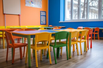 Fototapeta premium Colorful tables and chairs arranged for preschool learning activities in a bright classroom during daytime