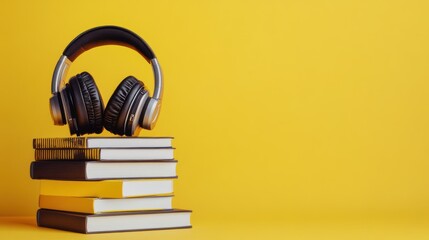 Headphones on a stack of books with yellow background.