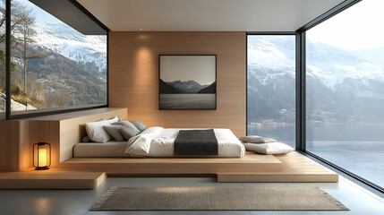 Modern minimalist bedroom with large windows overlooking a snowy mountain landscape.