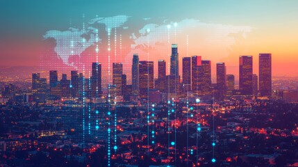 Obraz premium Double exposure of abstract creative programming illustration and world map on Los Angeles office buildings background big data and blockchain concept