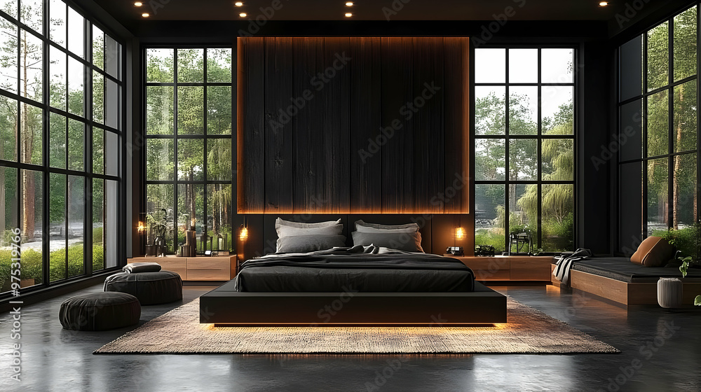 Poster Modern minimalist bedroom with large windows, a black bed, and wooden accents.