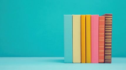 Colorful Books Stacked on a Turquoise Background.
