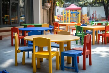 Brightly colored tables and chairs in a preschool setting for children to engage in educational activities during the day