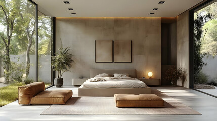 Modern minimalist bedroom with large windows, concrete walls, and a comfortable bed.