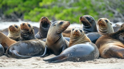 Fototapeta premium Galapagos sea lion (Zalophus wollebaeki) colony living together on the beach at Santa Fe island Barrington Bay Galapagos Ecuador