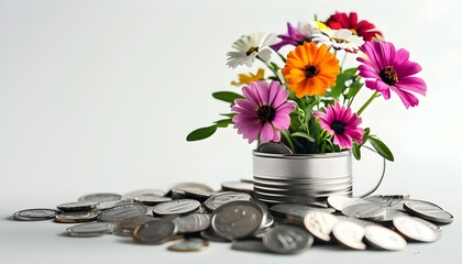 Vibrant Flowers Blossoming from Silver Coins, Symbolizing Financial Renewal and Growth Against a Clean White Background