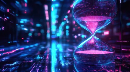 Digital hourglass with glowing pink and blue light on a dark background.