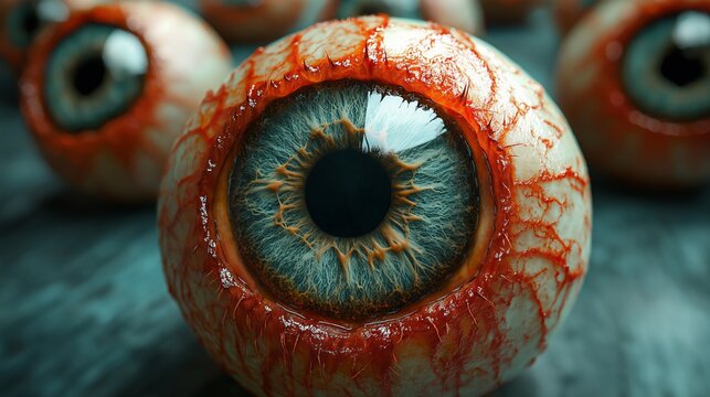 Close-up of a bloodshot eyeball with realistic veins and intense detail, creating a gruesome and unsettling visual in a horror theme