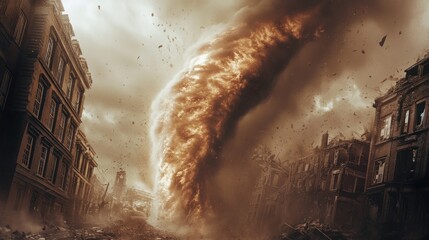 A fiery tornado rips through a city, leaving destruction in its wake.