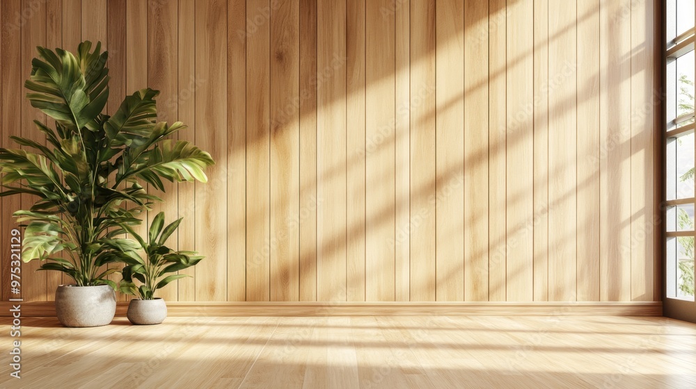 Wall mural Minimalist wooden wall with potted plants and sunlight.