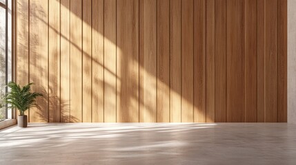 Empty room with wood panel wall, concrete floor, and sunlight streaming in.