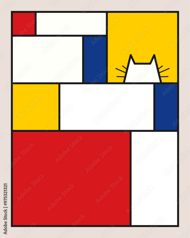 Poster Funny art in Mondrian style. Cat in an abstract painting. A fun, bright and colorful color composition