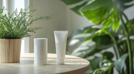 Obraz premium Two white tubes of cream on a wooden table with green plants behind.