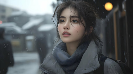 Young woman in a grey scarf looking up at the sky while walking in the rain.