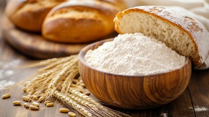 Close up of fresh bread bowl of flour wheat grains and spikelets on wooden table