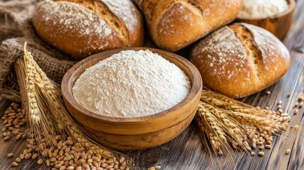 Naklejka premium Close up of fresh bread bowl of flour wheat grains and spikelets on wooden table