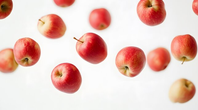 Dynamic shot of falling apples on a white background