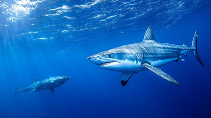 Fototapeta premium Blue shark near the whales carcass. Rare shark with long fon in the ocean. Shark circling around the bait. Endangered shark in Atlantic ocean.