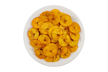 Banana chips in the white plate isolated transparent