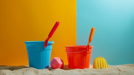Plastic toys shovel and bucket for sand isolated on colorful background