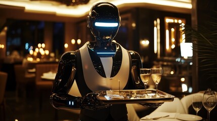 Elegant Robot Waiter Serving Drinks in Luxurious Restaurant with Dim Evening Lighting