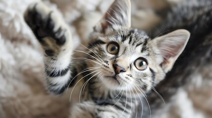 playful gray and white tabby cat toy in paw view from above second cat in background